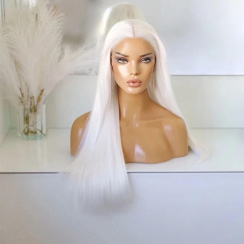 Snow White Wig Synthetic Hair Lace Front Wigs For Women Long Straight Hair Heat Resistant Fiber White Lace Wig Glueless Cosplay