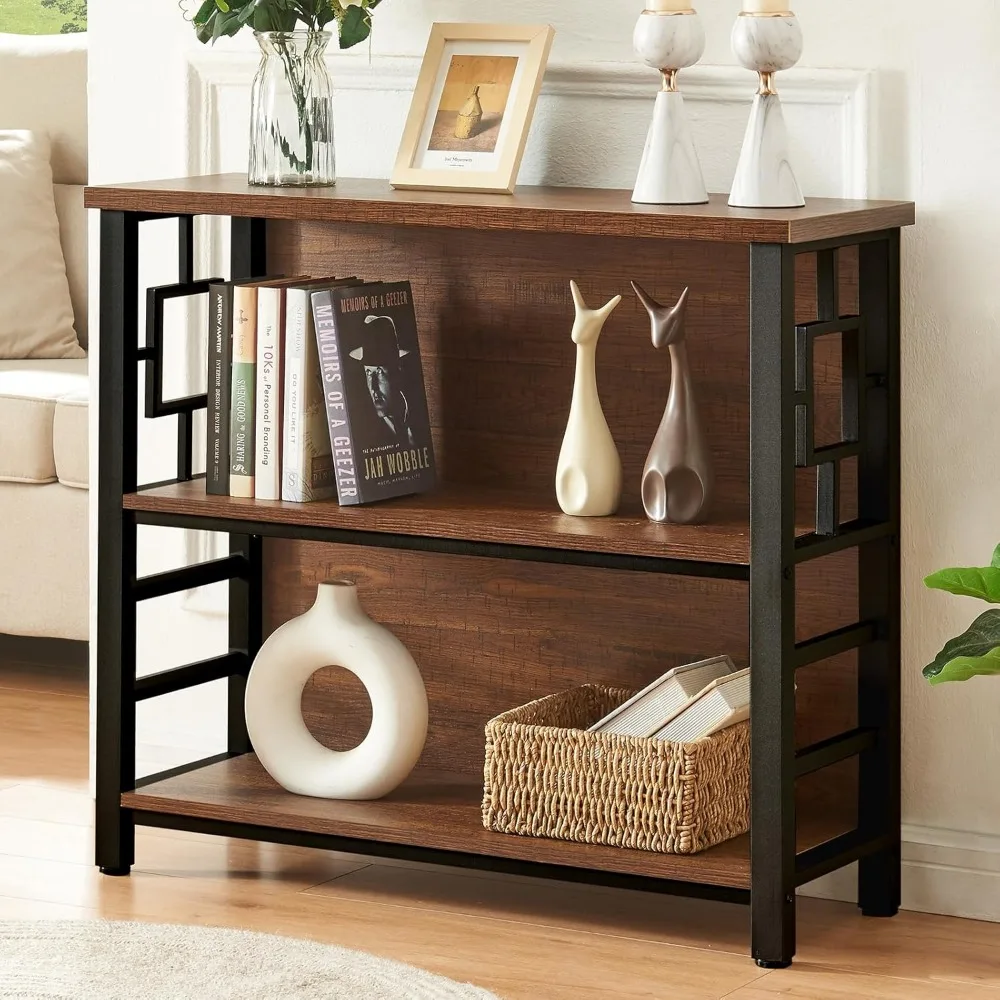 

3 Tier Deep Bookshelf with Storage - Engineered Wood and Metal Bookcase for Small Spaces