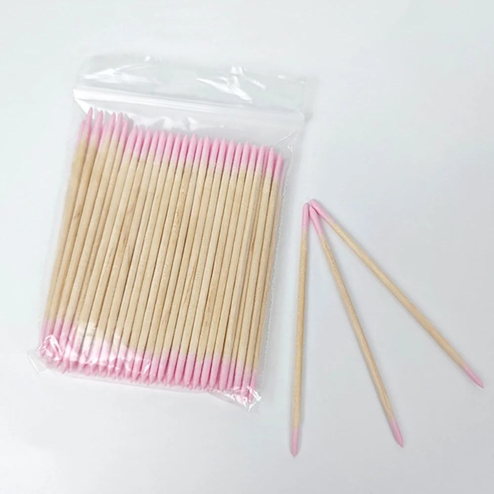 100/300/500 sztuk drewniane waciki do paznokci różowe z bawełnianą końcówką do Manicure zmywacz do paznokci i narzędzie do korekcji szczegółów do materiałów technicznych do paznokci