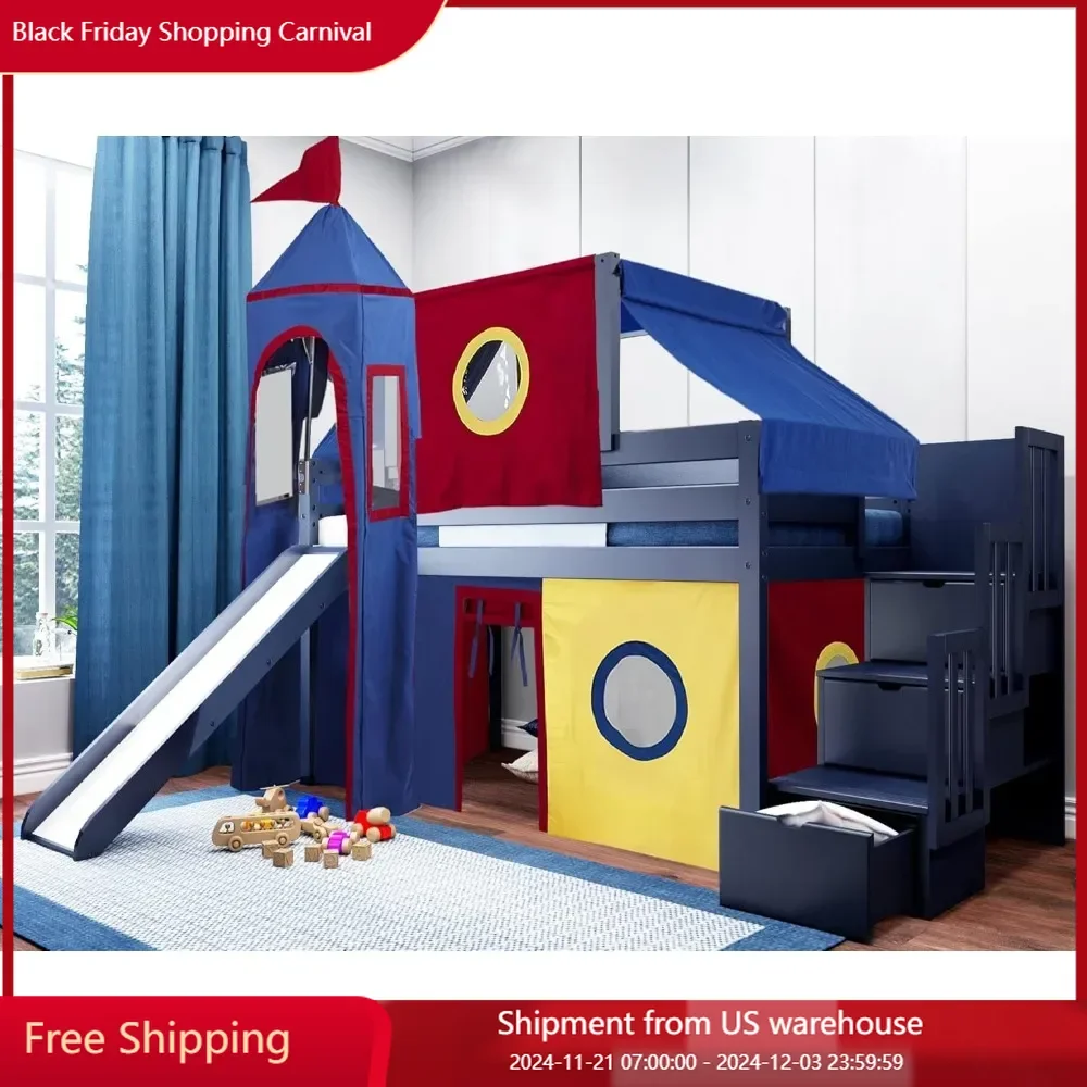 Castle Low Loft Stairway Bed with Slide Red Yellow & Blue Tent and Tower,Sleep and Fun for your Kids Modern Blue Children Beds