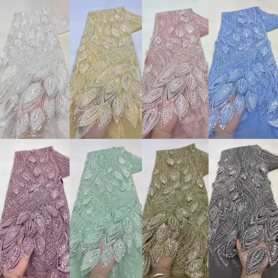 Luxurious Nigerian Beaded Lace Fabric 2026 High Quality Sequins French Embroidery African Lace Fabric For Wedding Sewing Dress