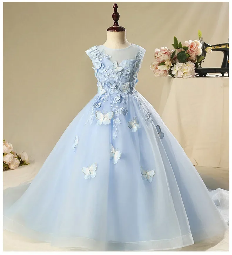 

Blue Tulle Baby Girl Dress Butterfly Lace Newborn Flower Girl Baptism Dress 1 year Birthday Party Wedding Christening Dresses