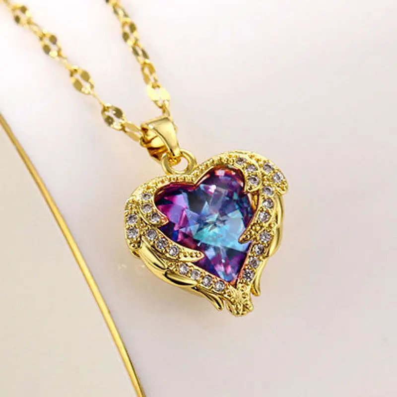 Designer Jewelry Creative Ocean Heart Necklace for Women Heart Angel Wings Colorful Crystal Pendant High Quality Gifts for Girls