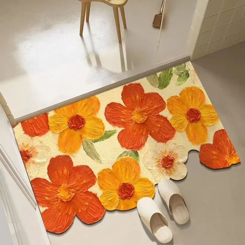 Soft Diatomite Mat Ins Flower Diatomaceous Earth Bath Mat Non-slip Bathroom Tub Carpet Quick Dry Women Room Door Rug Absorbent