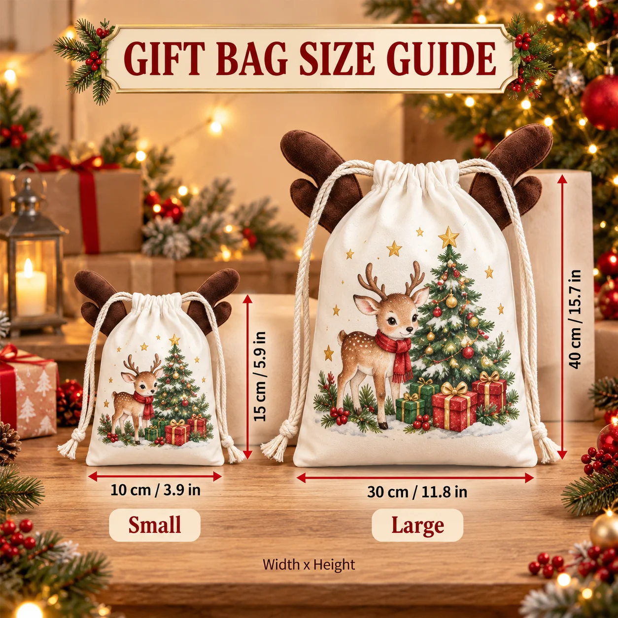 Custom Reindeer Antler Gift Bags with Cotton Drawstring Closure Personalized Christmas Gift Pouches in Multiple Sizes and Styles