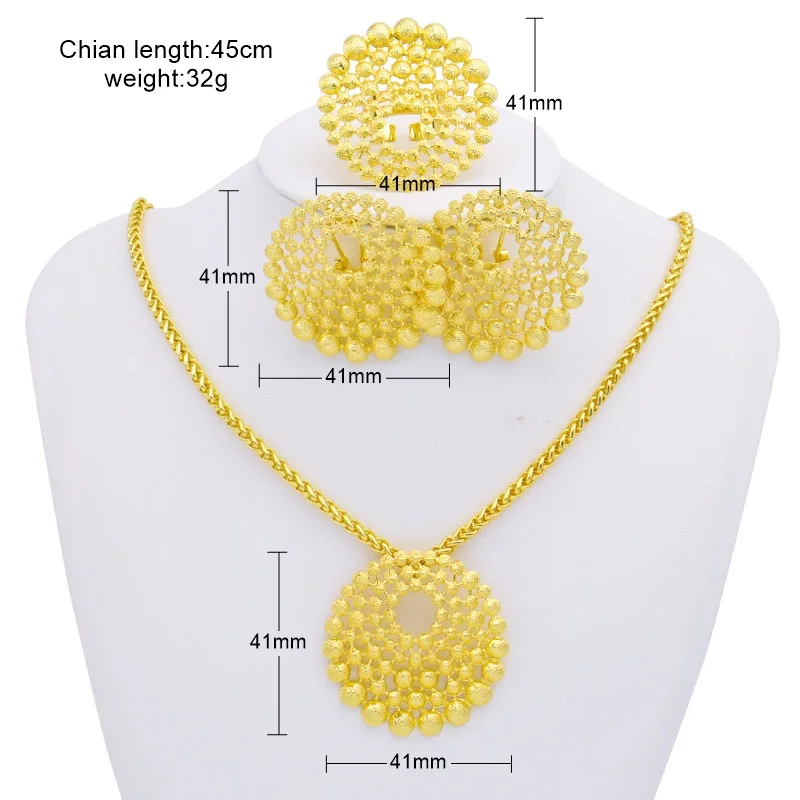 SUNNESA African Dubai Jewelry Set for Women Round Pendant Necklace Clip Earrings Hollow  Senegal Bridal Jewellery Trendy Ring