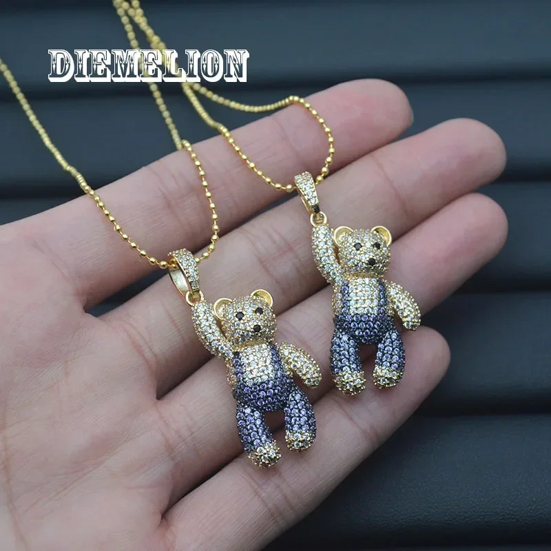 Luxury 18k Gold Plated Full Pave Colorful Zircon Bear Pendant Necklace Cute Bear Animal Necklace for Women Fine Jewelry