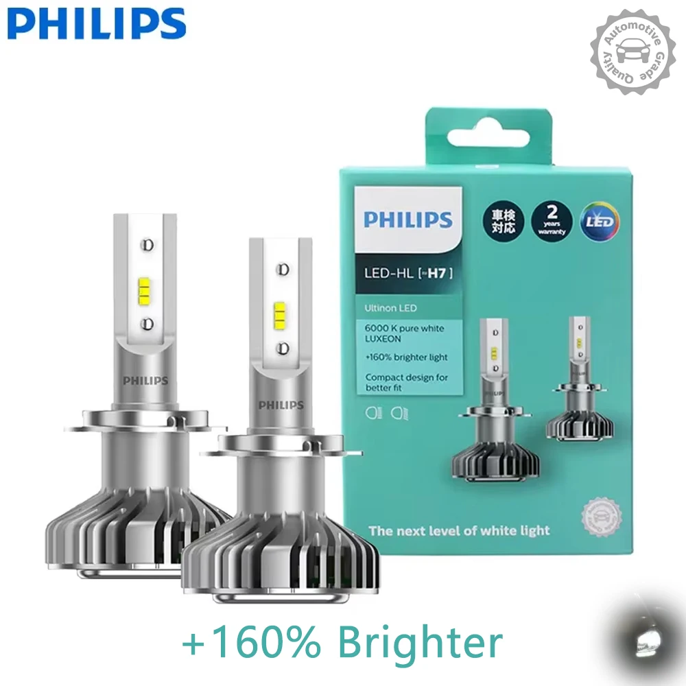Philips H7 LED Ultinon Car Headlight 6000K +160% Brightness Pure White Lights Auto LED Lamps Compact Design 11972ULX2, Pair
