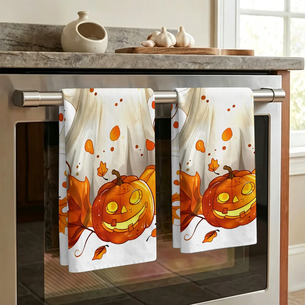 1pc/2pcs Ghost, Maple and Pumpkin Printed Kitchen Towel-Super absorbent, reusable polyester dishcloths perfect for home decor, c