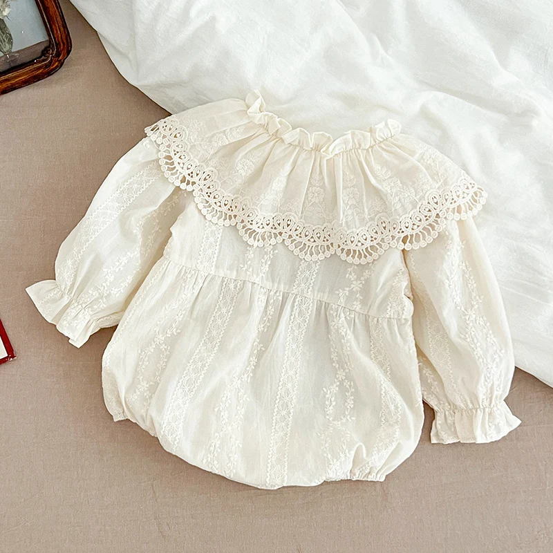 0-2Yrs Fashion Clothes Baby Romper Newborn Bodysuit Lace Peter Pan Collar Princess Bow Romper Long Sleeves Infant Girl Jumpsuit