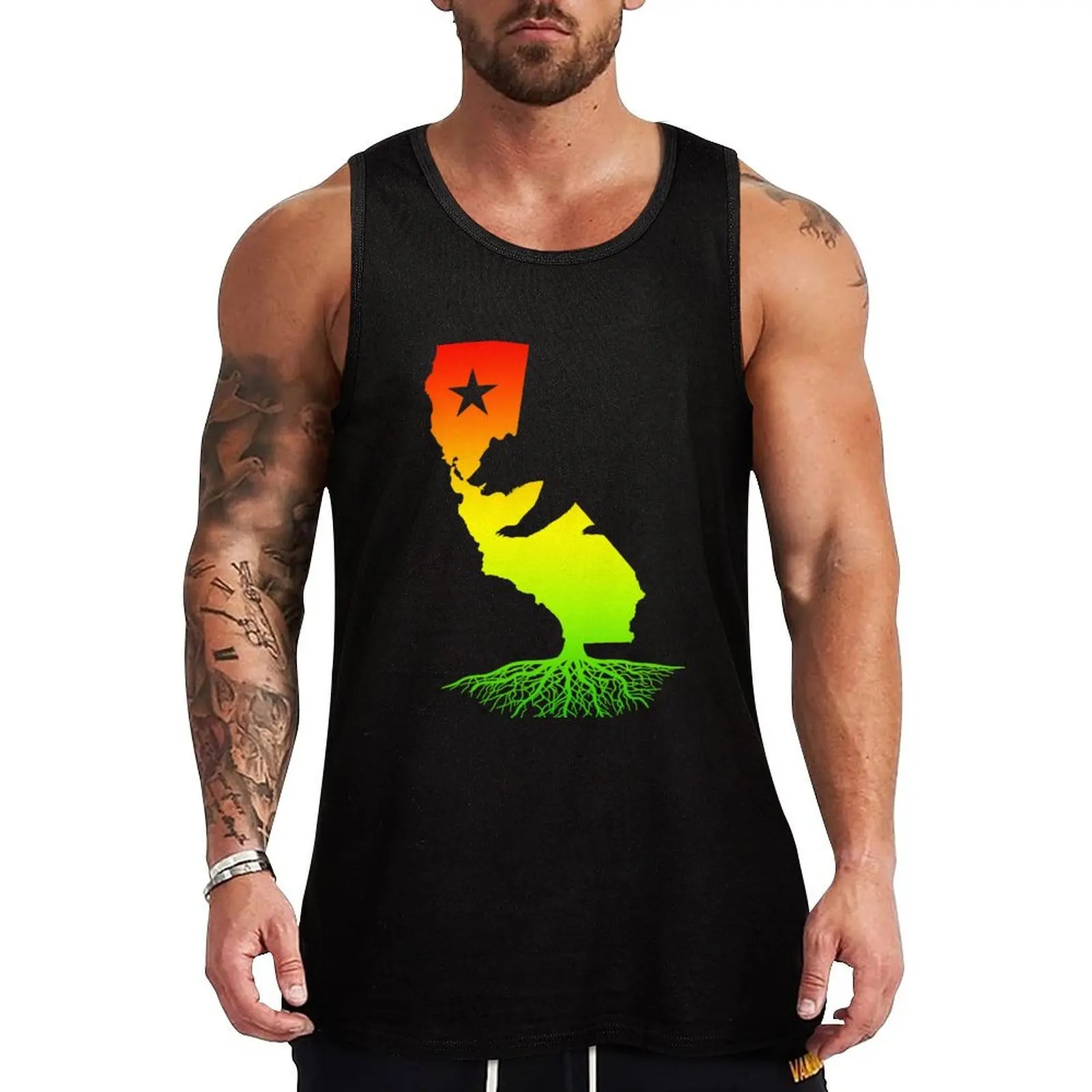Camiseta sin mangas California Roots (colores rasta surfer) para vacaciones, informal, playera sin mangas, holgada, para la playa