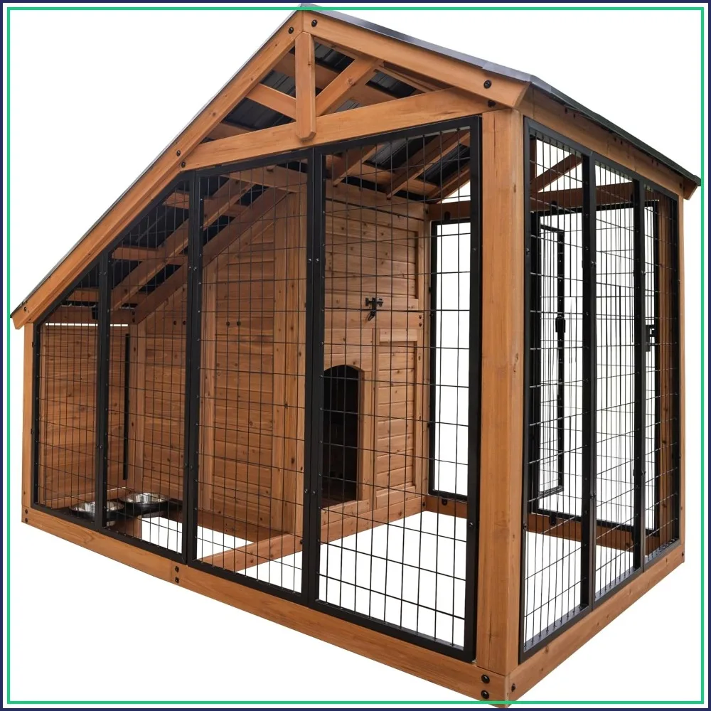Large Outdoor Wood Dog Kennel 7x5 ft, Galvanized Steel Roof, Feeding Door, Secure Lock Gate