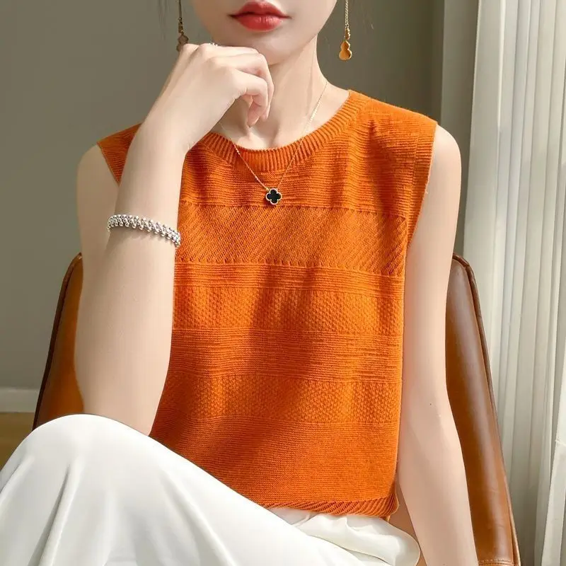 

Elegant O-Neck Solid Color Sleeveless Casual T-Shirt 2025 Summer New Korean Pullovers Tops Office Lady Tee Shirt