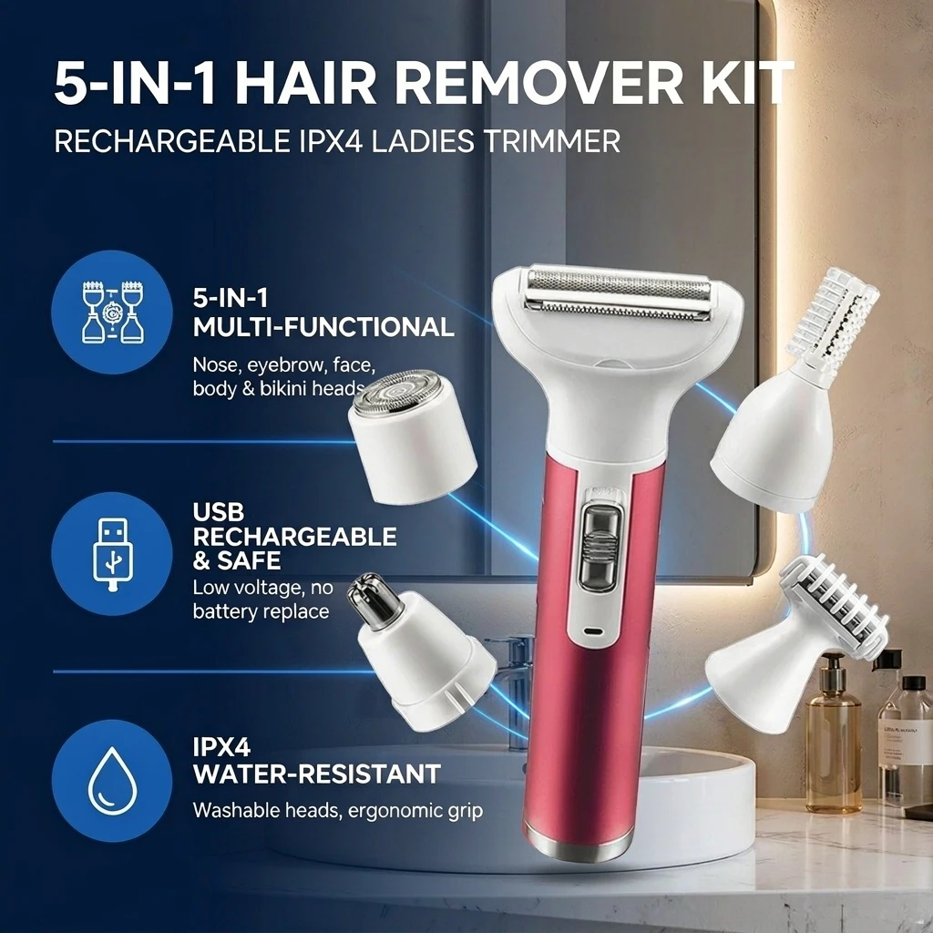 5 in 1 Rechargeable Electric Shaver Hair Trimmer with Multiple Attachments for Eyebrow, Nose, Face, Body, Underarm, Leg and Bikini Line, USB Charging Portable Razor with Gentle Trimming Head and Compact Design for Convenient Daily Grooming