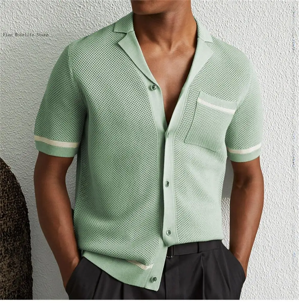 Summer and Autumn Simple European and American Sexy Hollow Cuban Neck Short Sleeve Knitted Shirt for Men