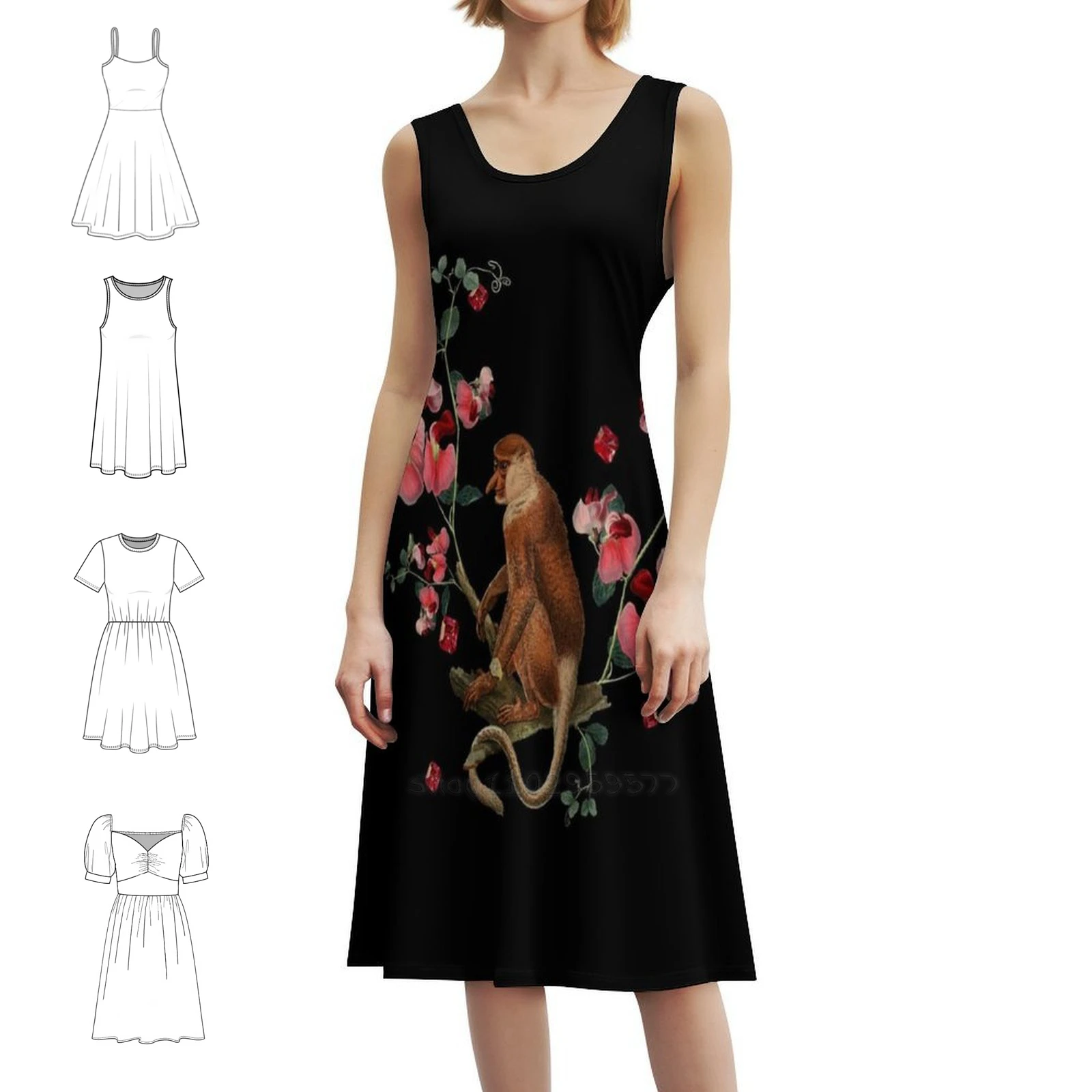 Monkey World: فستان قصير من Nosy Preppy Style للنساء على شكل حرف a فضفاض مناسب فستان يوم غير رسمي قرد وردي زهرة نباتية طبيعة زهور #1