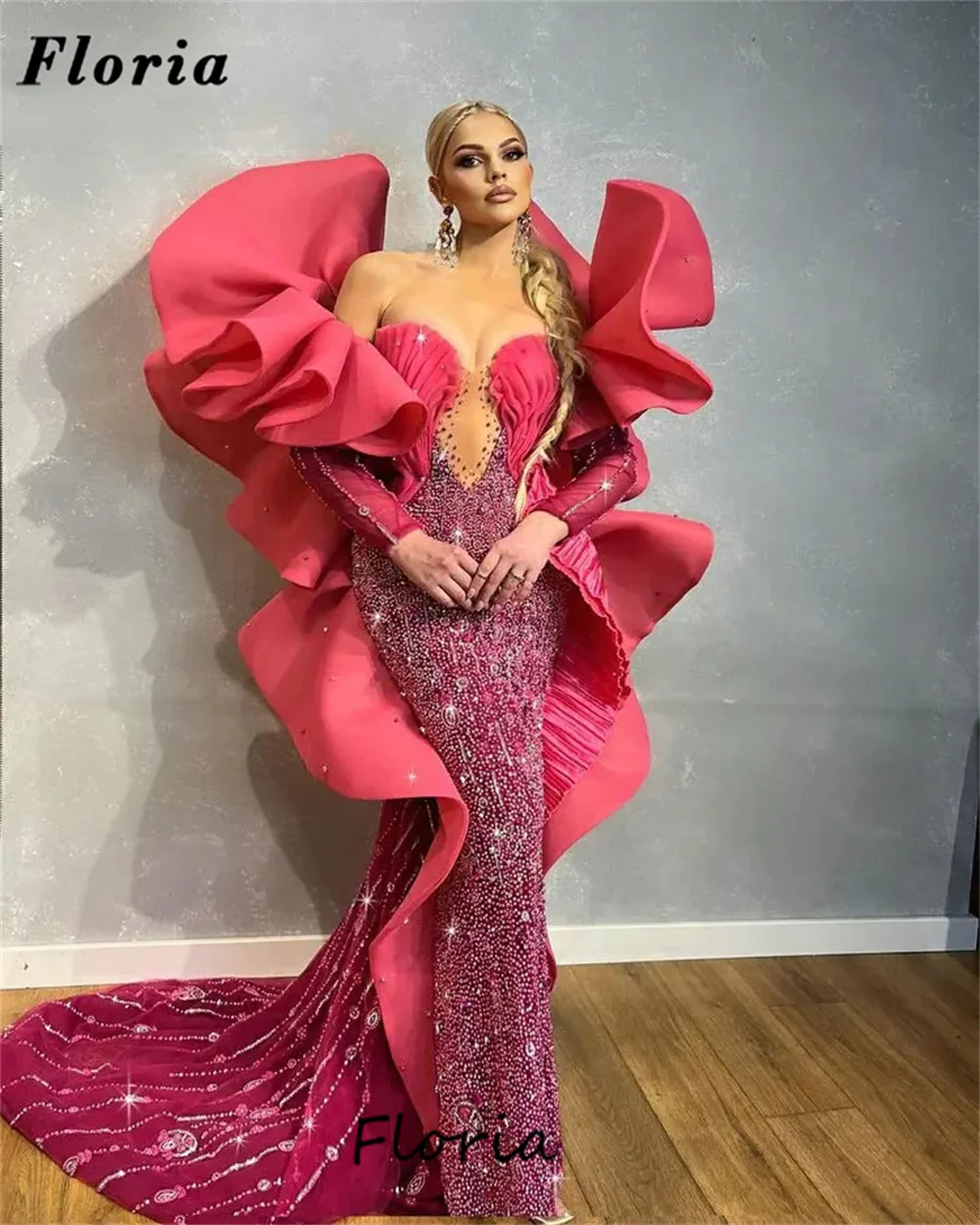 

Haute Coutures Mermaid Celebrity Dresses Fuchsia Beading Prom Dress Robes De Soiree Pleated Long Train Party Evening Gowns 2024