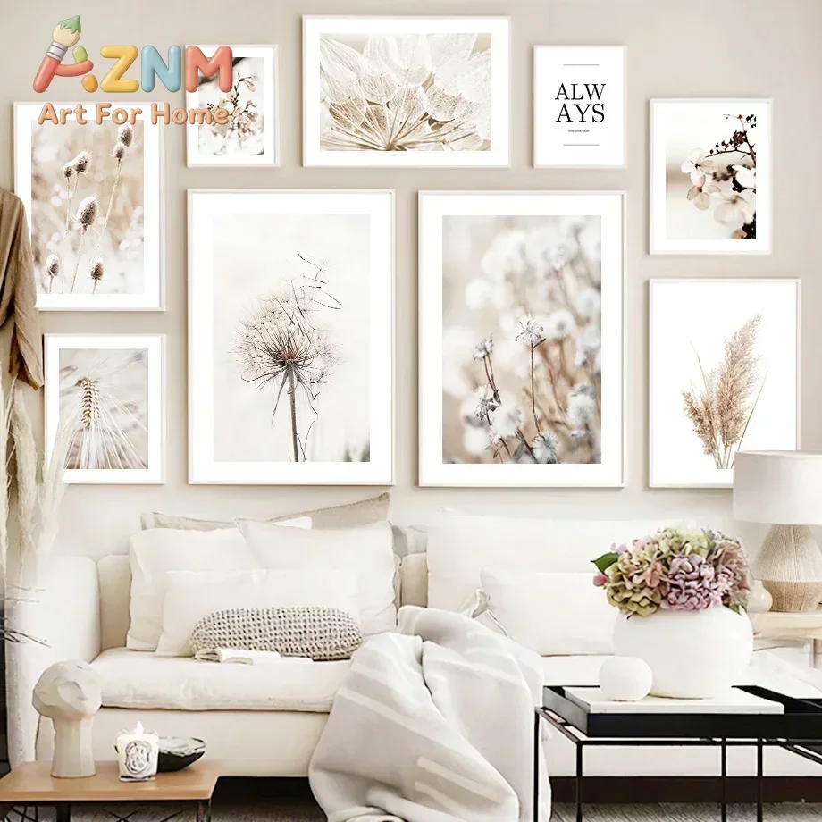 AZNM Neutral Dandelion Pampas Grass Canvas Wall Art Beige Dried Flower Botanical Poster, Unframed Canvas Print for Boho Living R