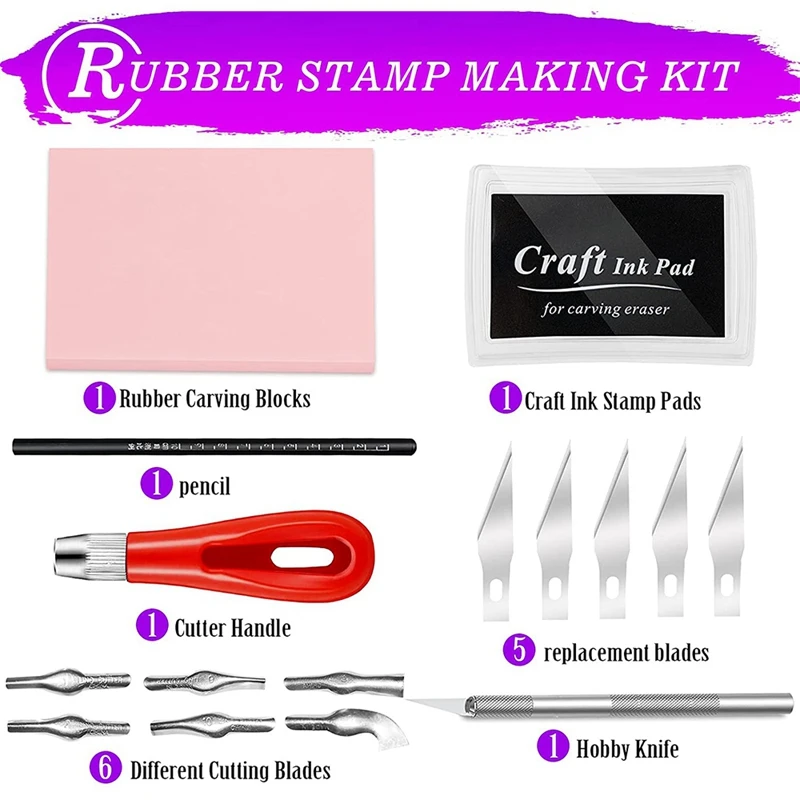 Rubber Stamp Making Kit,Rubber Carving Block Linoleum Cutter Set Rubber Stamp Craft Ink Pad For DIY Stamp Carving Craft