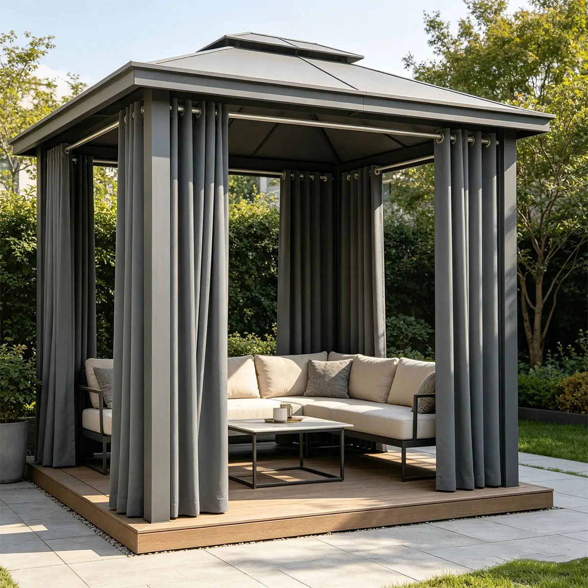 Gray High‑Density Grommet Outdoor Curtains 2pcs, Waterproof Sun Blocking Drapes for Gazebo Patio Porch