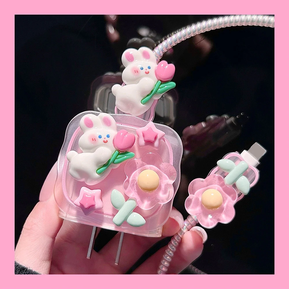 3D Flower Rabbit Charger Protection Cover Wire Winder US Fast Charging Protective Case 18W 20W For iPhone 14 15 16 17 18 Pro Max
