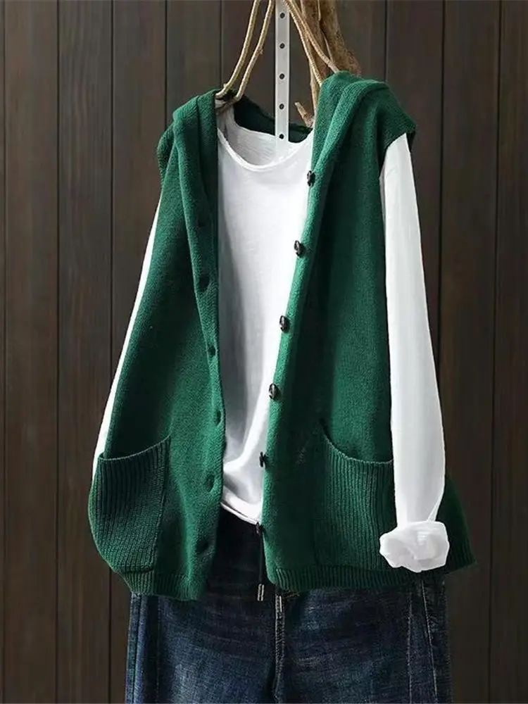 5 Colors Hooded Sweater Vests Women Loose S-3XL Simple Streetwear Sleeveless Clothing All-match Autumn Knitwear Cardigan ZY7673