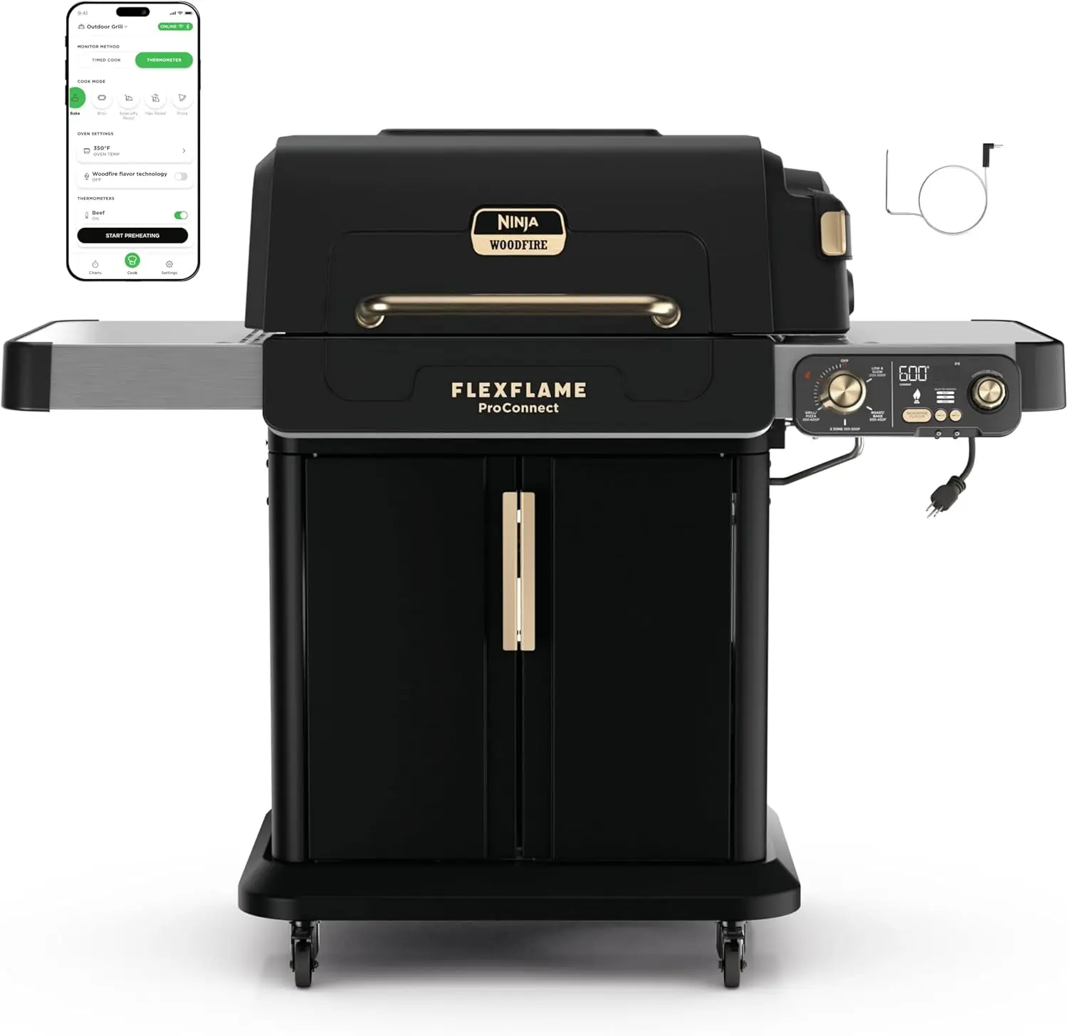 

Ninja FlexFlame ProConnect Grill & Smoker | 5-in-1 Smart Cooking System | Electric & Propane | App-Connected | 3-Burner Digital Control | Roast, Griddle & Pizza Maker | Black/Gold