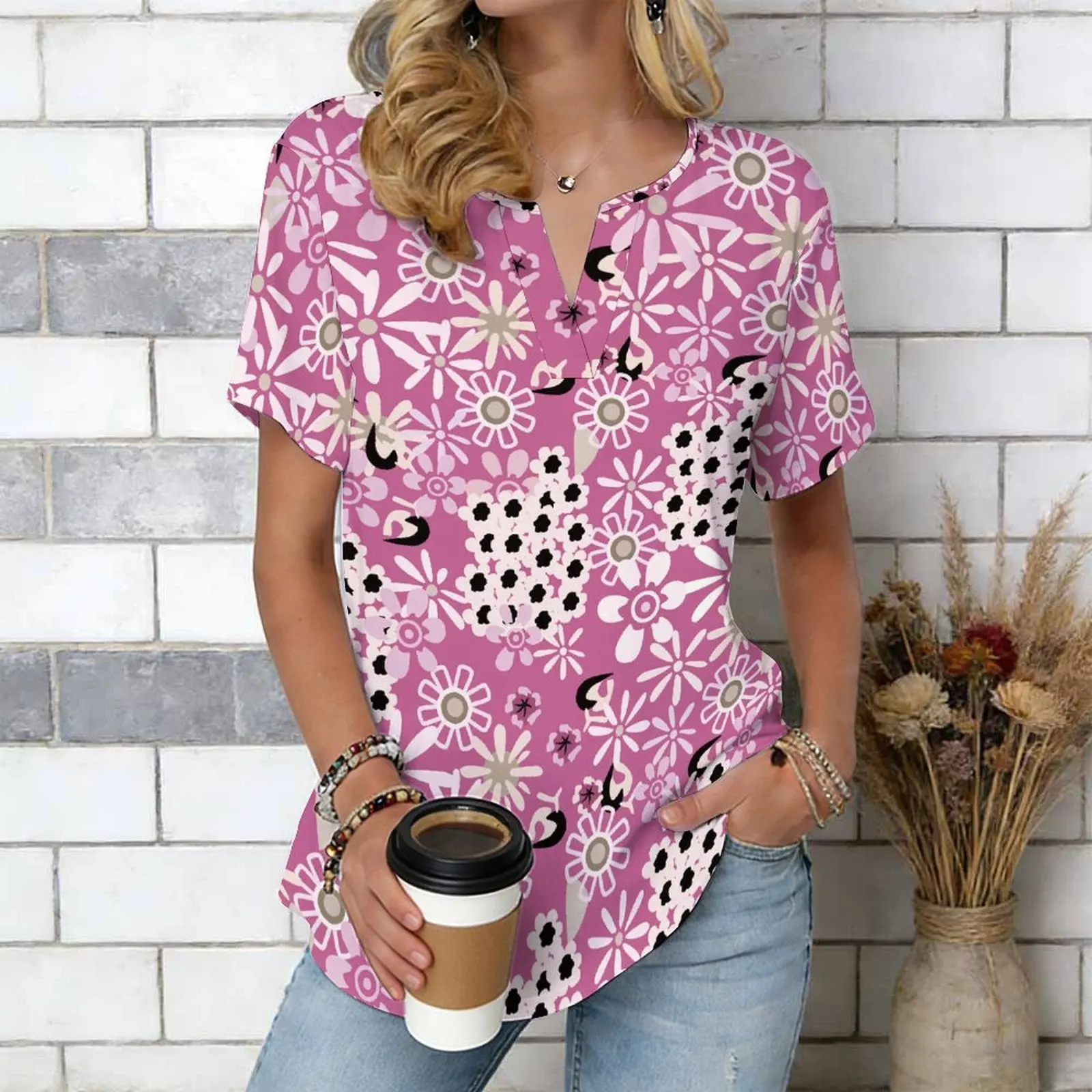 Women Print Notched V Neck Short Sleeve Casual Loose Tunic Tops