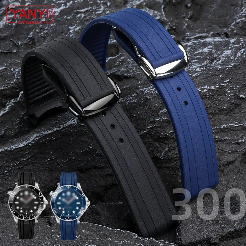 Rubber watch strap 20mm for omega New seamaster 300 watchband high-quality watch band folding clasp Curved end wristwatches belt