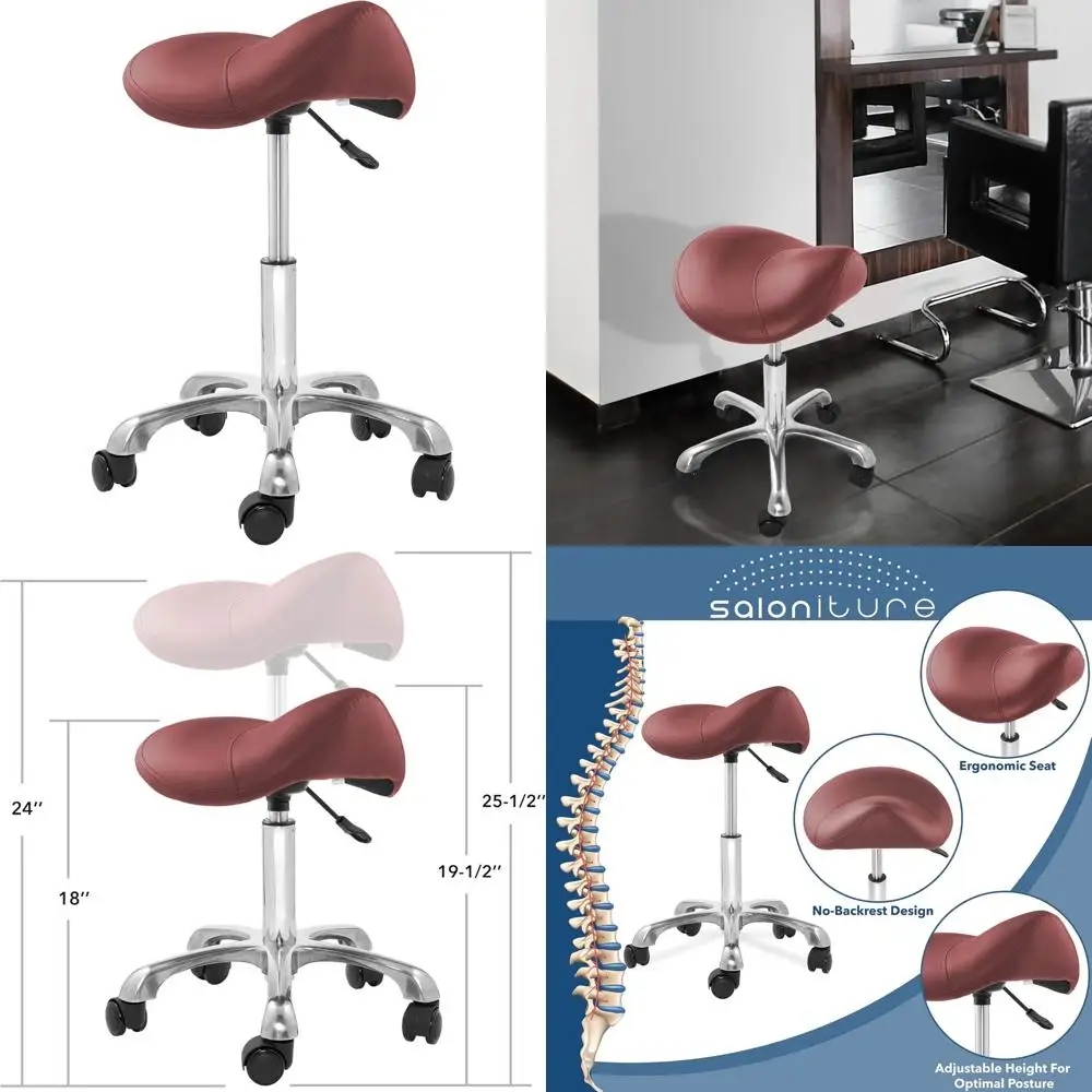 Taburete con sillín ergonómico para salones y spas: altura ajustable, rodamiento, masaje y uso médico en oficinas, tapicería color burdeos