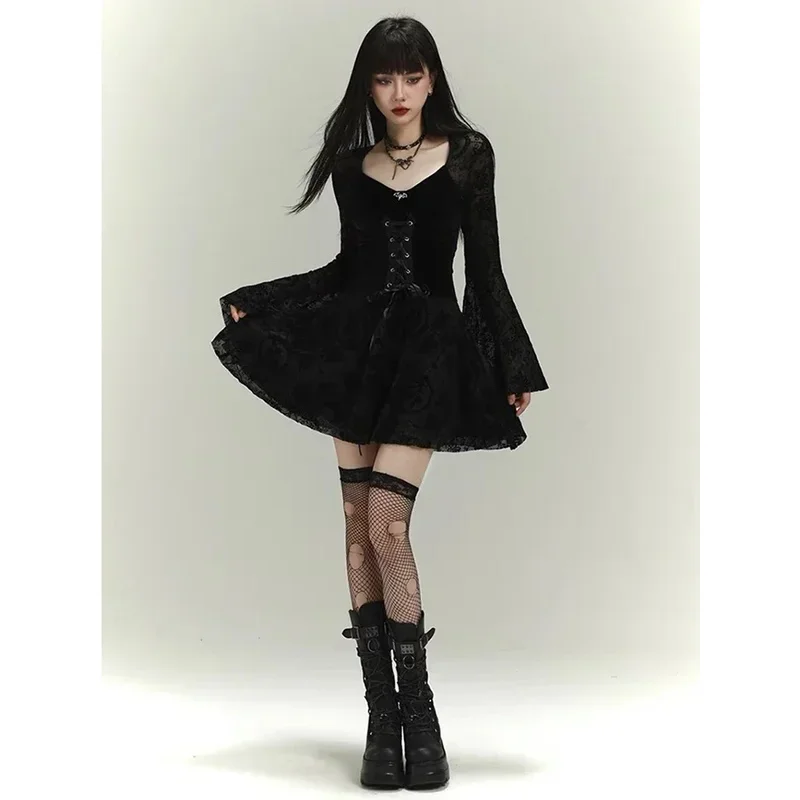 

Готические длинные платья с высокой талией 2024, новое винтажное платье в стиле панк из флока, бандажное платье, женское вечернее платье с расклешенными рукавами, альтернативный наряд rlu;3