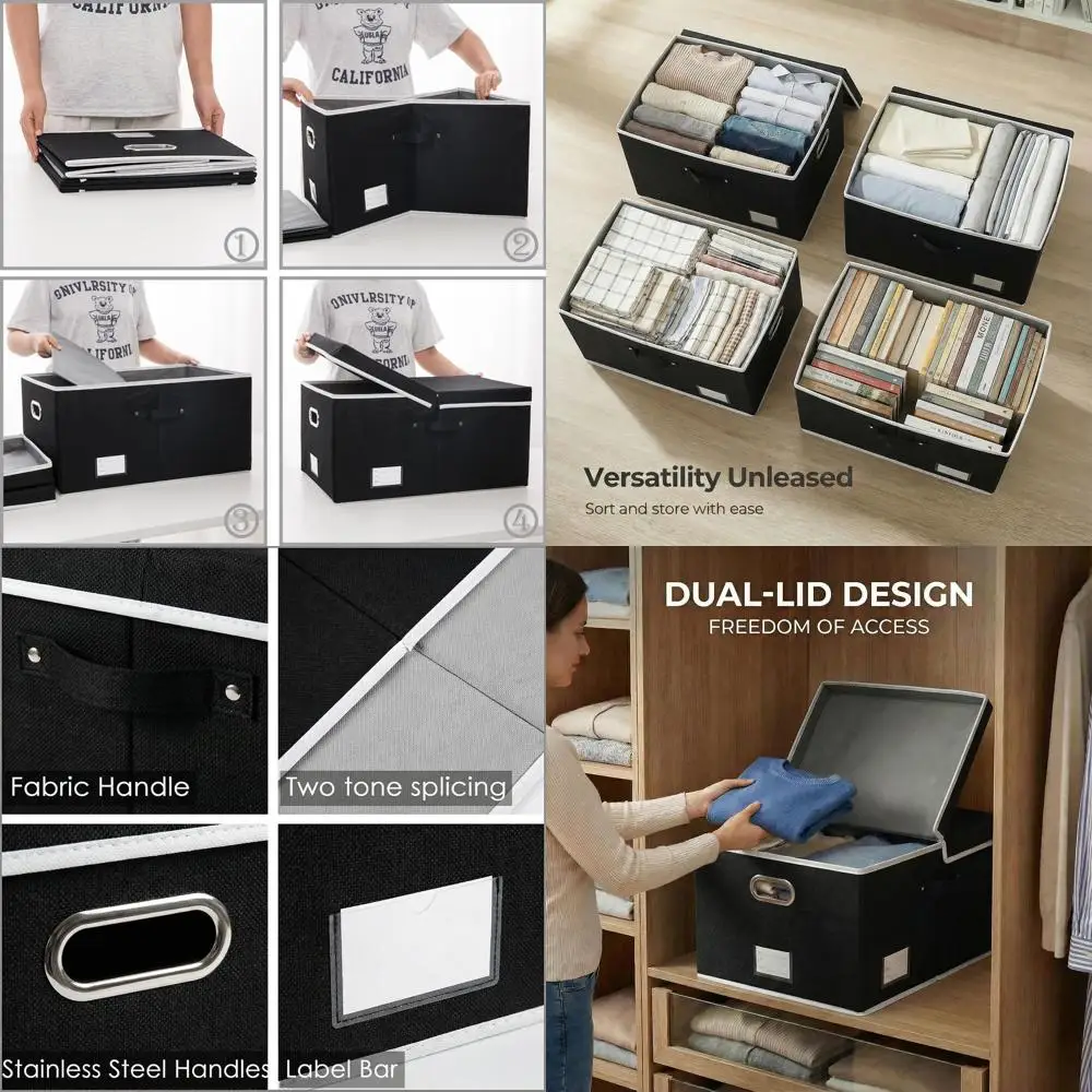 

Складные тканевые коробки для хранения с крышками - набор из 3 органайзеров для дома, спальни, гардероба и детской комнаты, черные (23.4x15.9x11 дюймов)