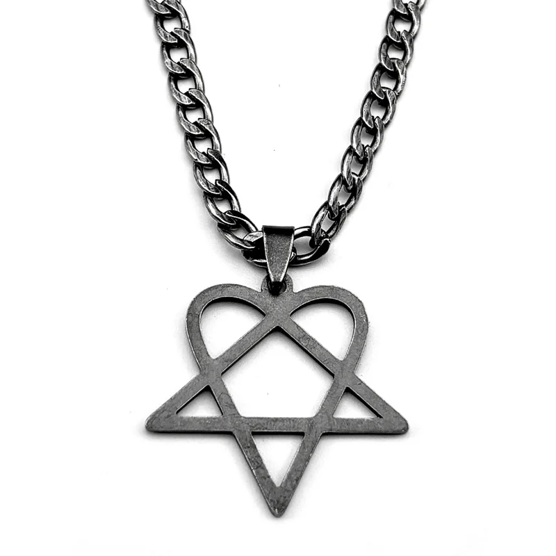 Goth Heartagram Stern Anhänger Halskette für Frauen Männer Edelstahl Gun Black Rock Musik Band HIM Fans Hip Hop Kette Schmuck – Detail 7