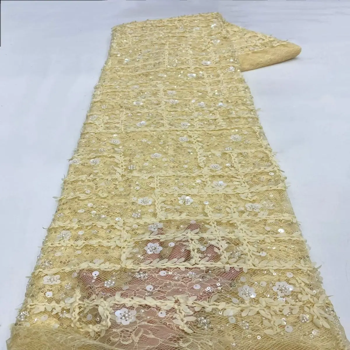 Alisa High Quality Heavy industry beads sequins lace fabric mesh lace fabric 5 yards Used for traditional clothing production