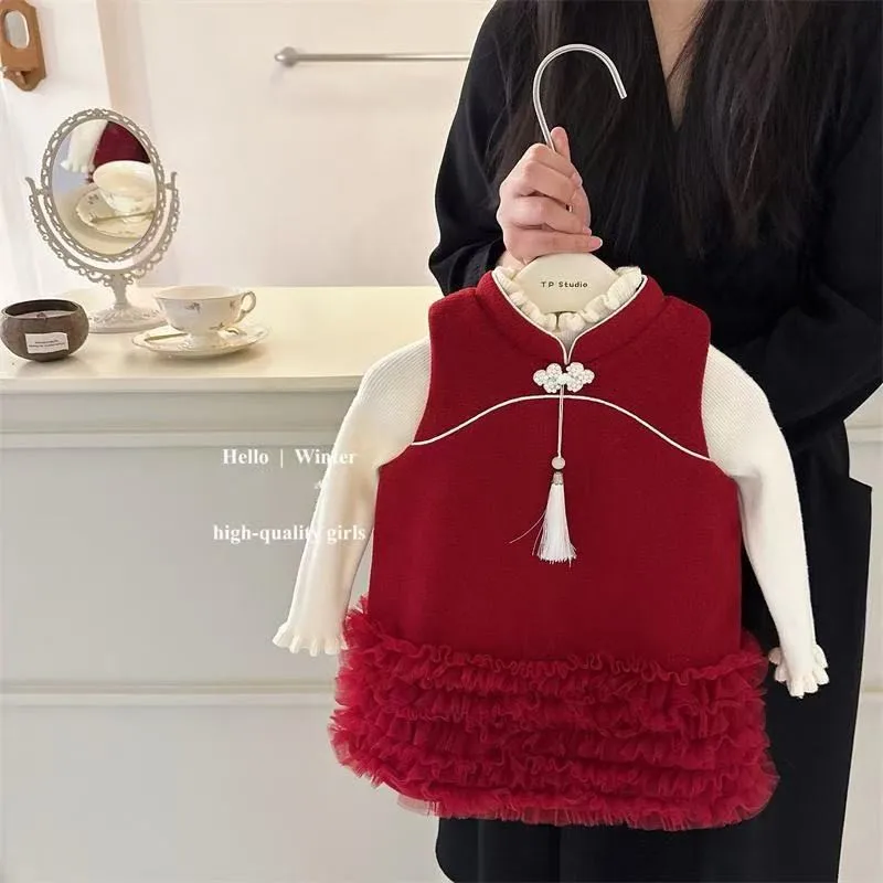 

Baby Girl's Red Woolen Vest Dress Autumn and Winter Children's Birthday Dress Cake Skirt Christmas Dress Kids Clothing
