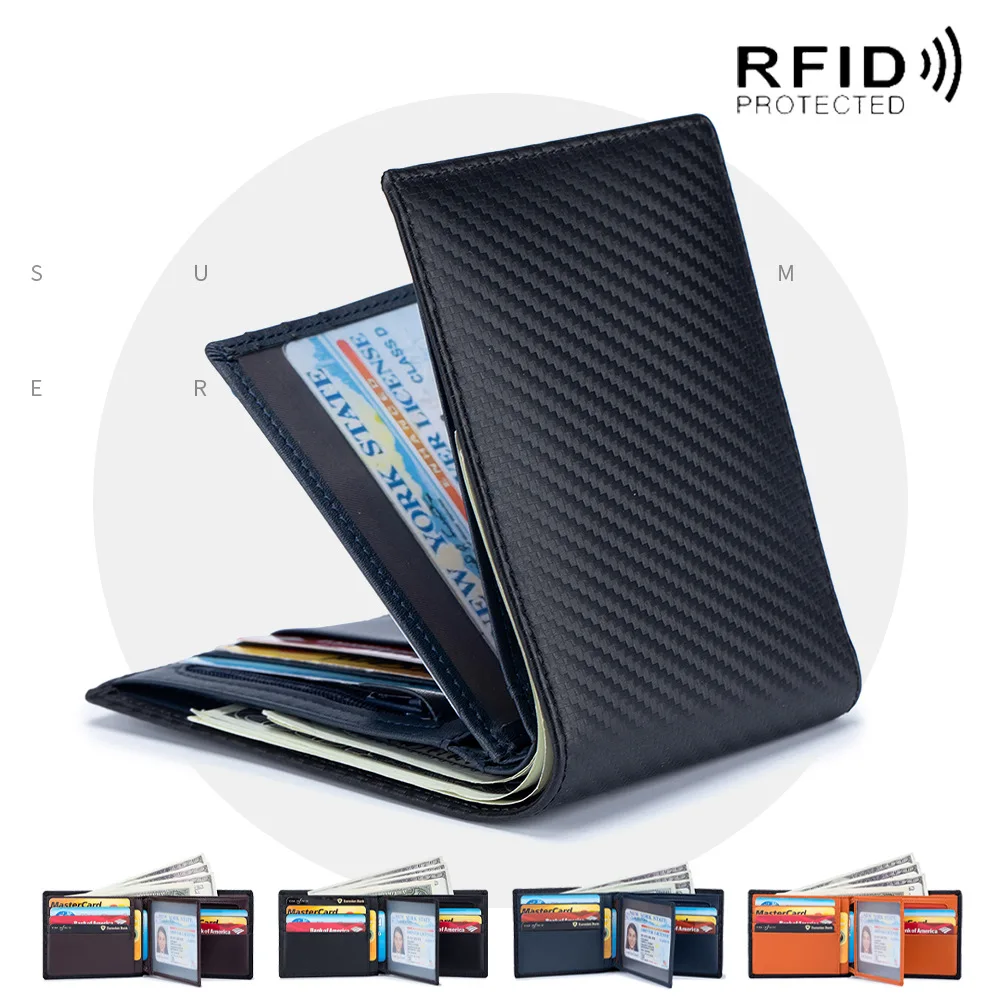 Men Pocket Wallet Rfid Anti-thief Short Wallets Carbon fiber Genuine Leather Coin Purse Cash ID Card Holder Card Organizer Black