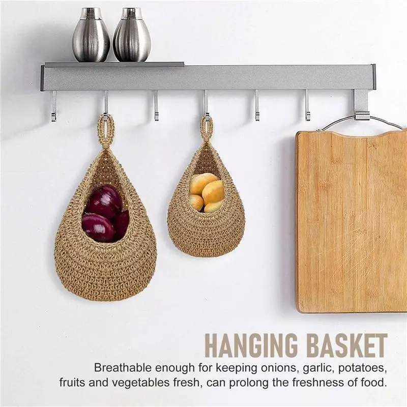 9X Hanging Fruit Basket Forkitchen, Hanging Wall Fruit Vegetable Baskets, Handwoven Decorative Hanging Kitchen Baskets