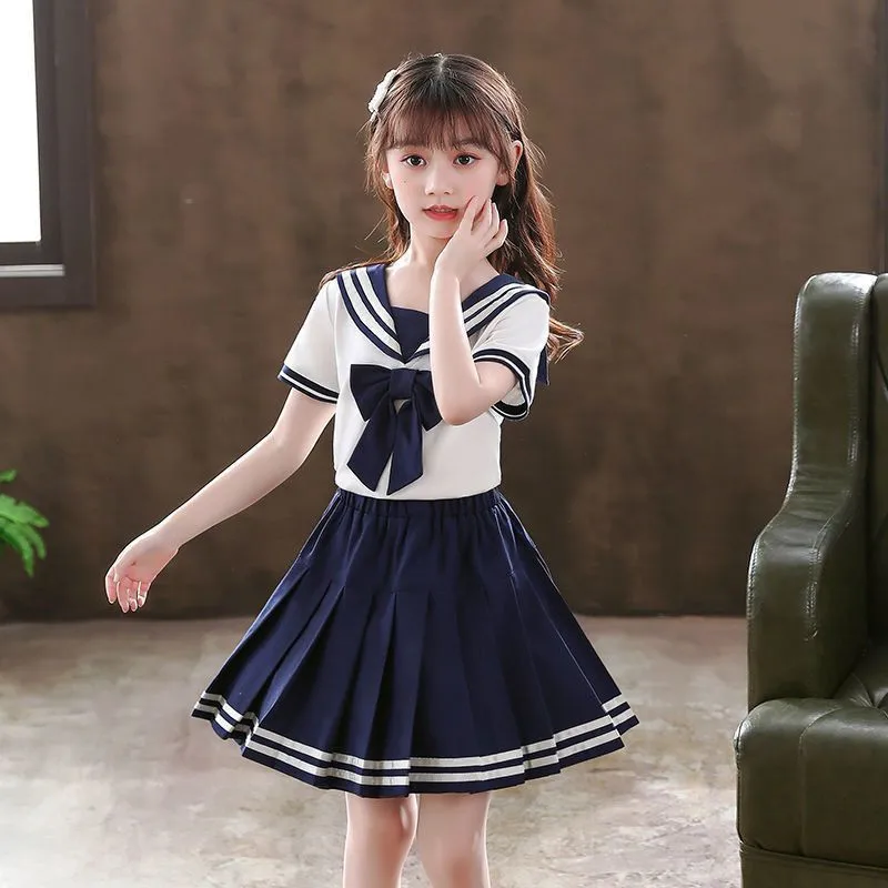 2PC 2023 SUMMER SPRING Sailor School Uniform Gilrs Jk Costumes Short Sleeve SHIRT + A-Line Pleated Skirt Suit teenager 12 year