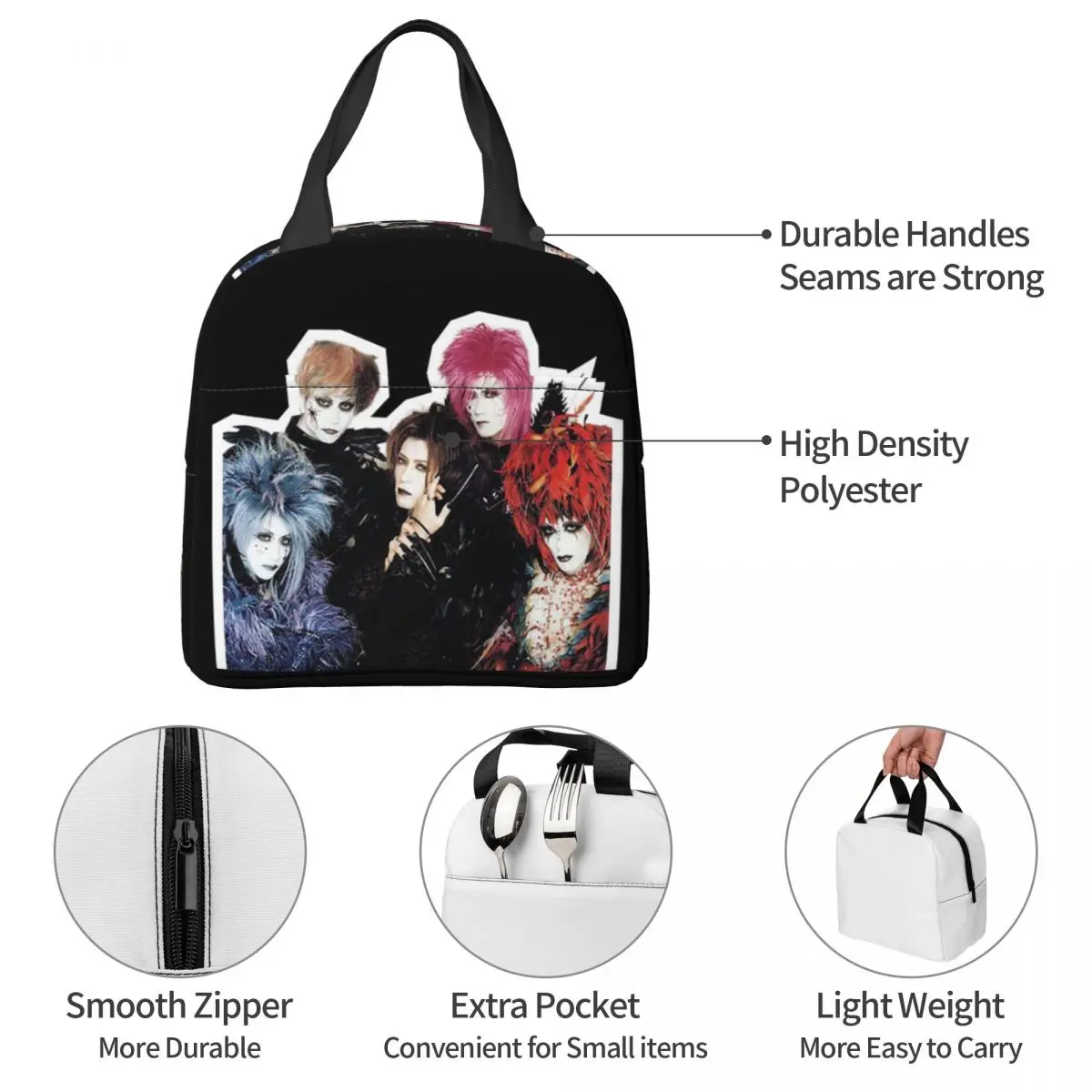 Malice Mizer Visual Kei Rock Band giapponese Borsa per il pranzo isolata gotica per donne Bambini Scatole per alimenti a tenuta stagna Borsa termica per il pranzo