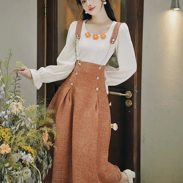 

Sli College Girl Plaid Skirt And Blouse Set Women's Faionable Two-Piece Suit Autumn Winter High Quali Sensation Dres