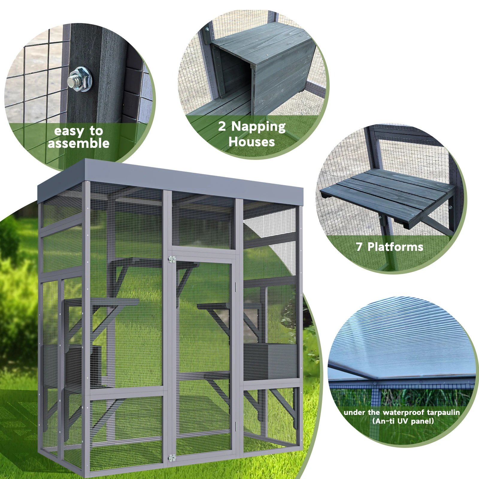 62.6" Wooden Catio for Cats, Large Cat Enclosure with Waterproof cover, 2 Napping House, Platforms & Galvanized Metal Wire – Secure Pet Cage Shelter view 8