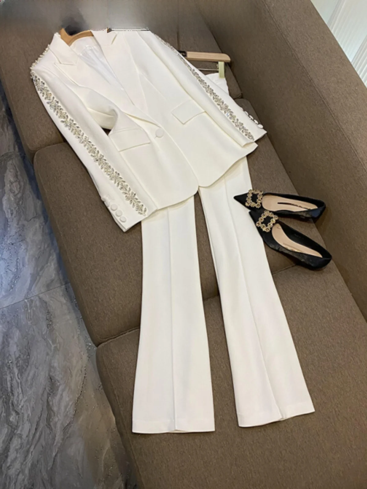 

Высококачественный тяжелый костюм миди, тюнет, широкие брюки, модный ромбовидный комплект из двух предметов, 8866, женский ансамбль Ele