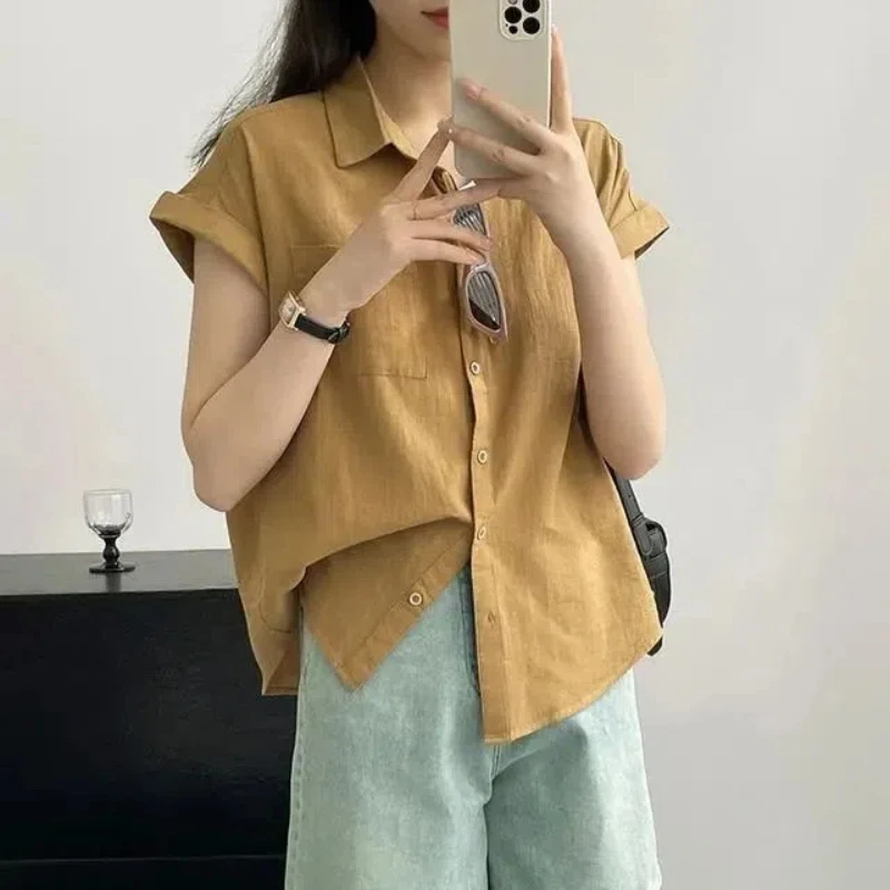 New Summer Button All-match Loose Blouse Short Sleeve Polo Neck Solid Color Vintage Shirt Tops Office Fashion Women Clothing