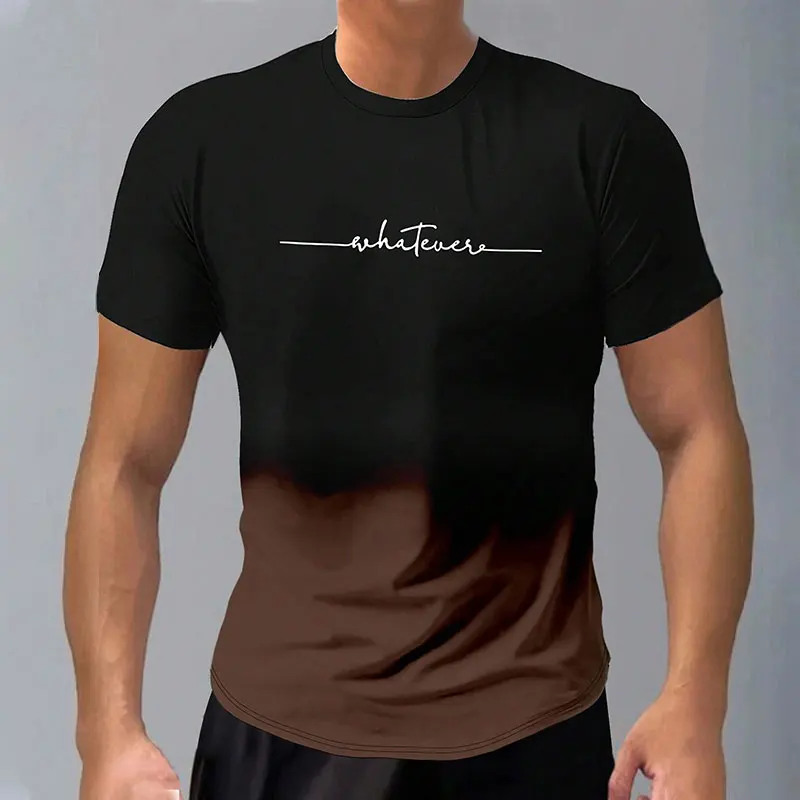 Casual Men\'s Trendy Short-Sleeved Gradient Letter Printed Round Neck T-Shirt Clothing Spring And Autumn Fitness Sports Tops