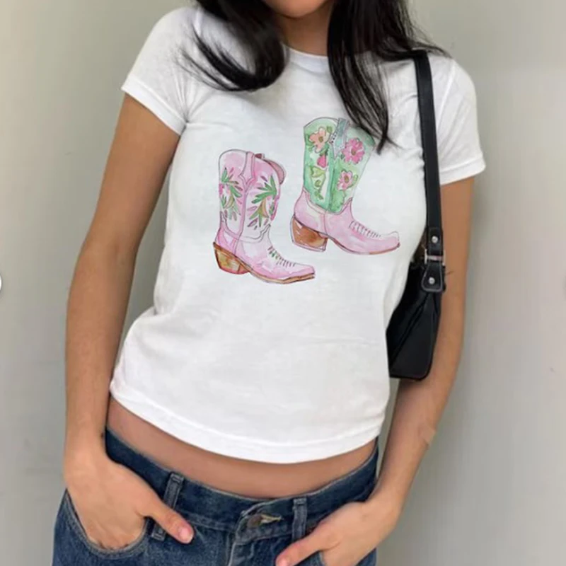 Y2k Crop Top 2000s High Street Casual T-shirt Summer Retro Crop Top Harajuku Cute Boots Printed Short Sleeve Girl Baby T-shirt