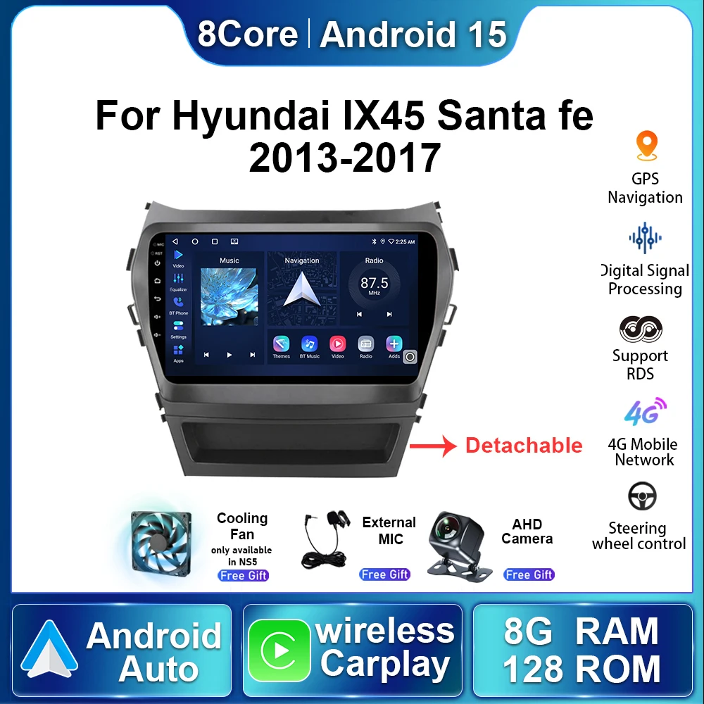 

Android15 автоаксессуары радио для Hyundai IX45 Santa Fe 2013 2014-2017 автомобильный мультимедийный стереоплеер CarPlay навигация GPS BT