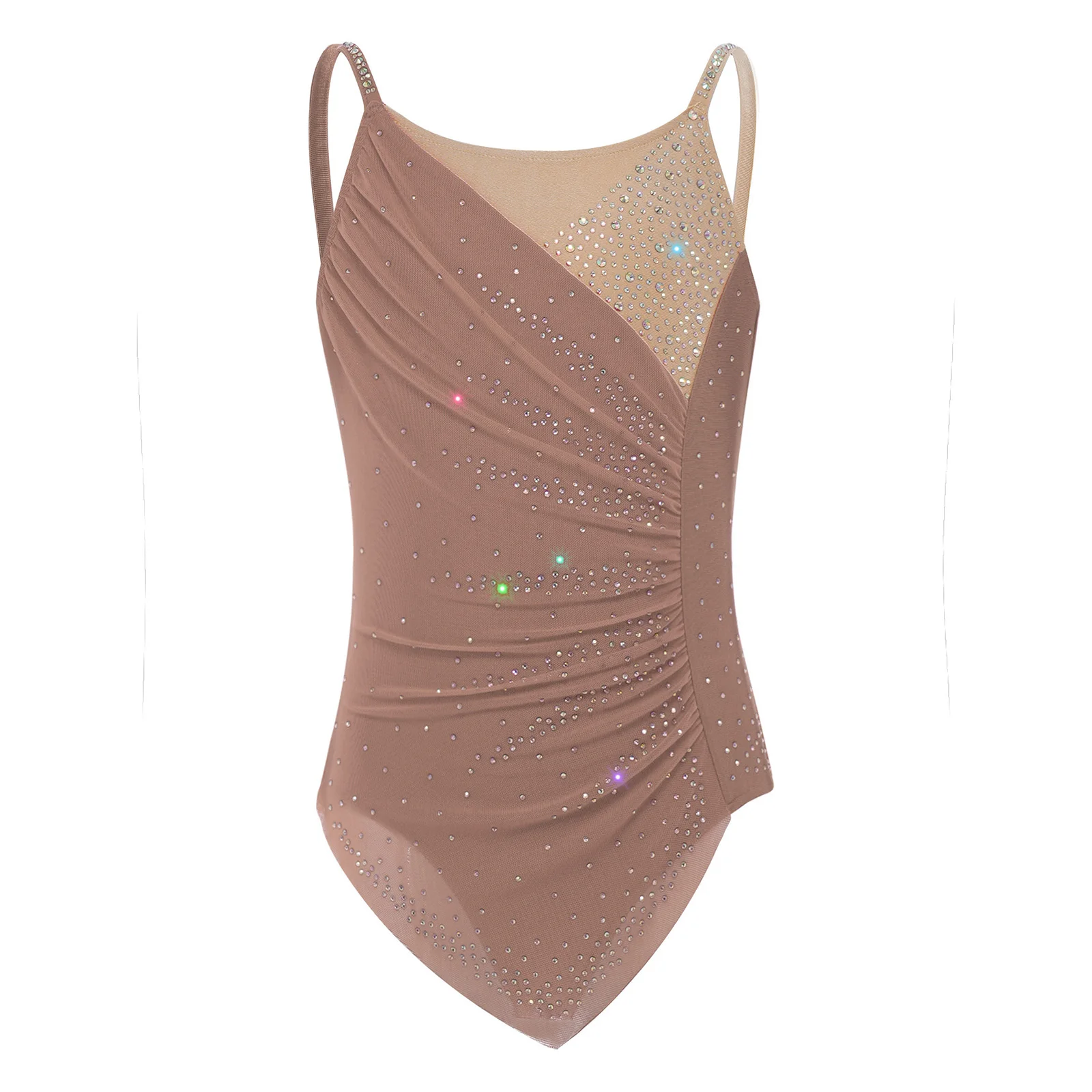 Kids Girls Rhythmic Gymnastics Ballet Dance Costume Spaghetti Straps Ruched Mesh Shiny Rhinestones Figure Skating Dress Leotard