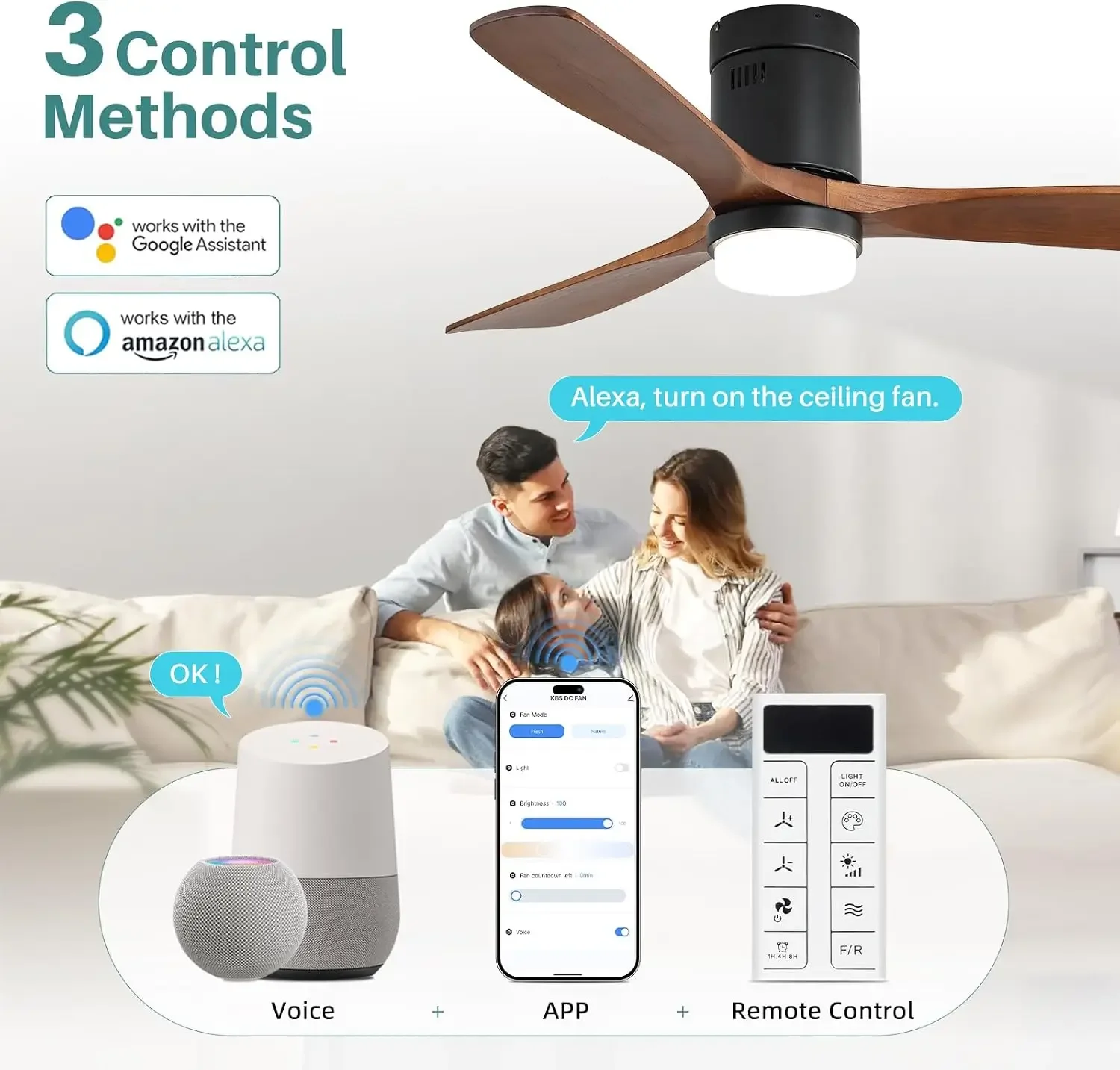52 Inch Smart Ceiling Fans with Lights-Flush Mount Low Profile Modern Outdoor Solid Wood Ceiling Fans with Alexa/Google - view 3
