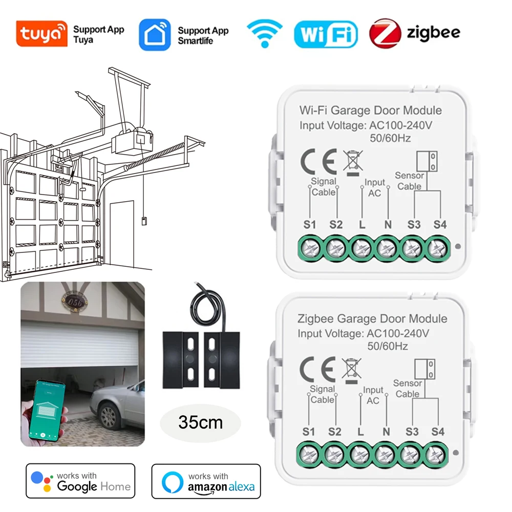 

Tuya WiFi/Zigbee Mini Smart Garage Door Opener Controller Module APP Remote Voice Control Work With Alexa Google Assistant Alice