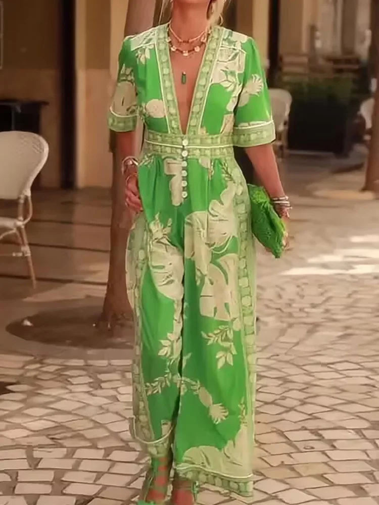 하프 슬리브 패치 워크 세련된 점프 슈트, 여성 여름 넓은 다리 바지 패션 Playsuits, 새로운 딥 브이 넥 숙녀 바디 슈트 streetwear